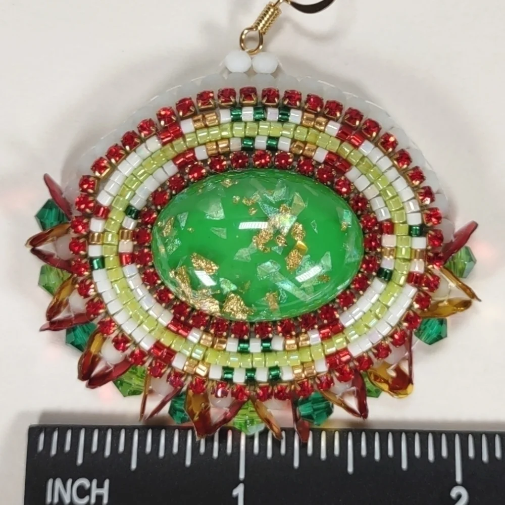 Handmade Beaded Oval With Green Accents Christmas Themed Fishhook Post Earrings
